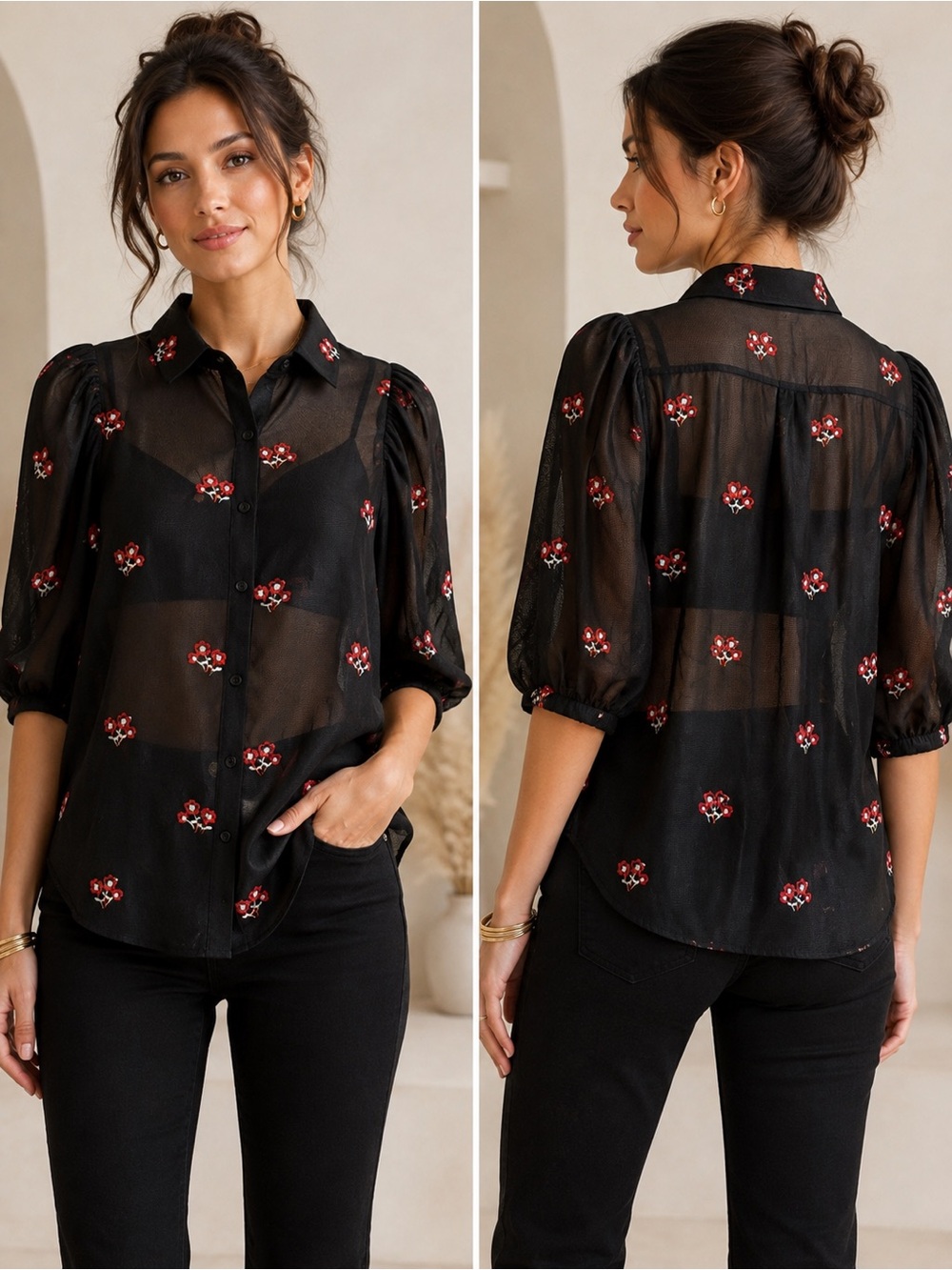 Gracia Black Sheer Floral Embroidered Button Front Puff Sleeve Blouse size Small
